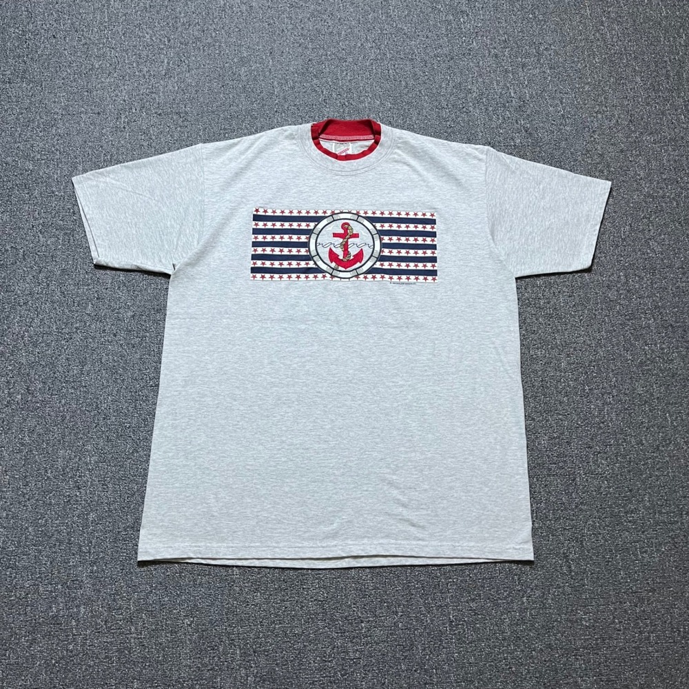 Vintage Jerzees Anchor‎ Ringer T-Shirt XL Grey Red Stars 1996 90s USA Made